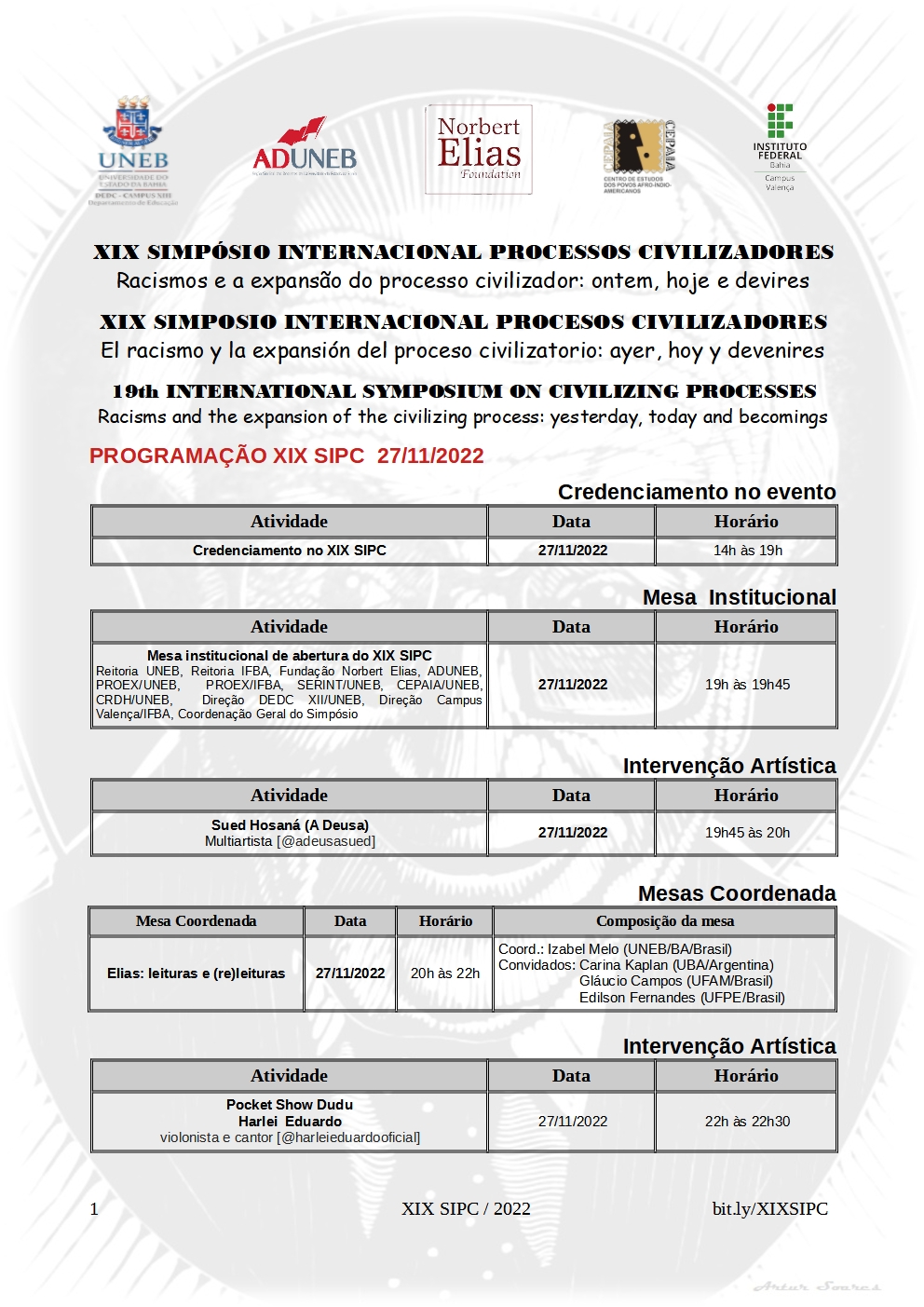 Programação XIX SIPC 27/11/22